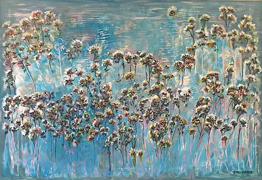 Abstract flowers on blue textured background painting.