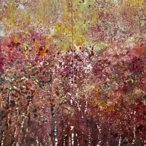 Abstract painting with red and yellow textures