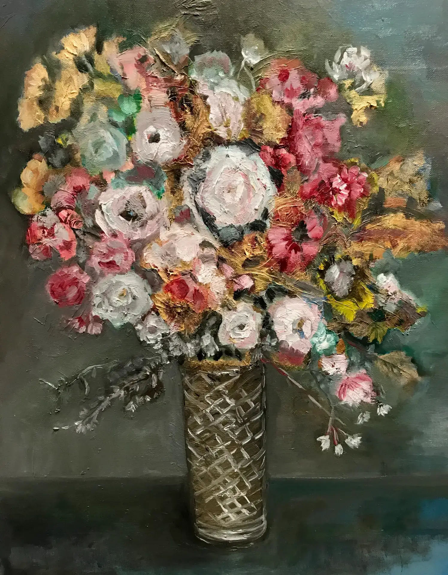 Oil painting: vibrant floral bouquet in vase.