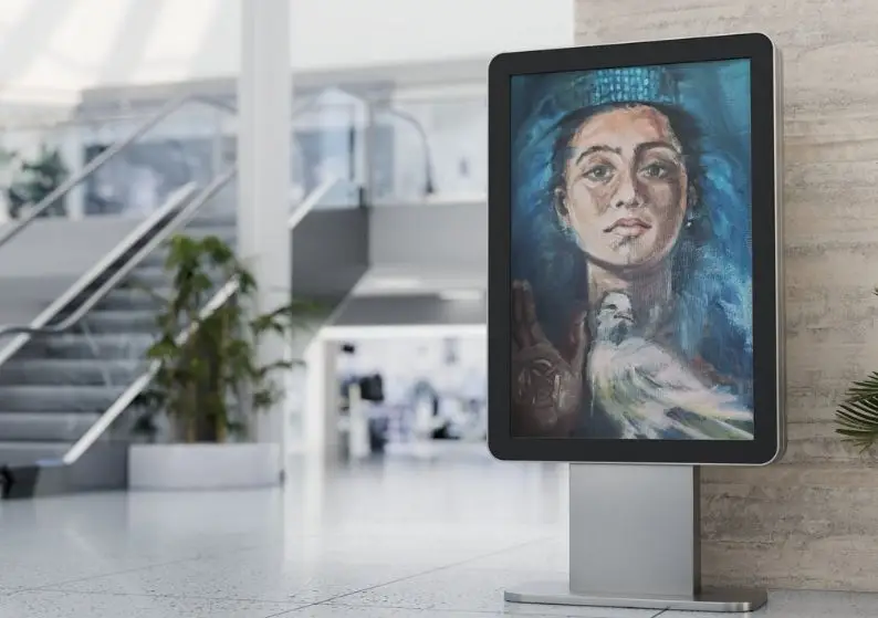 Digital art display in modern interior setting.