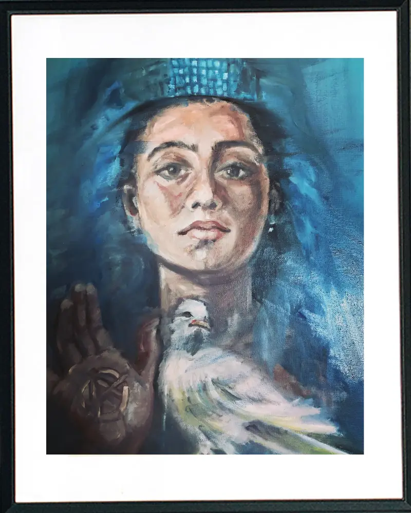 Portrait painting, woman with dove and hand symbol