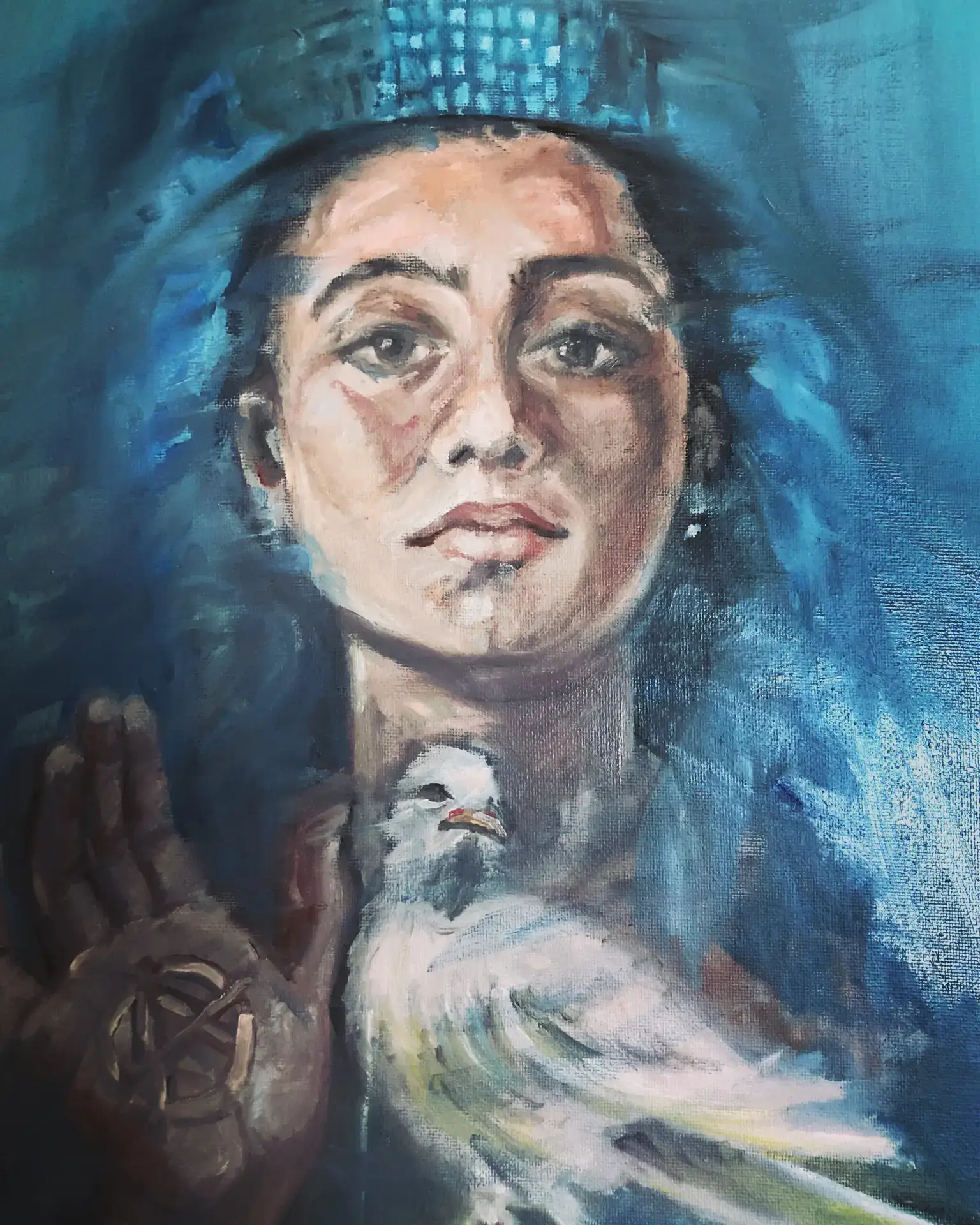 Abstract painting of woman holding a white bird.