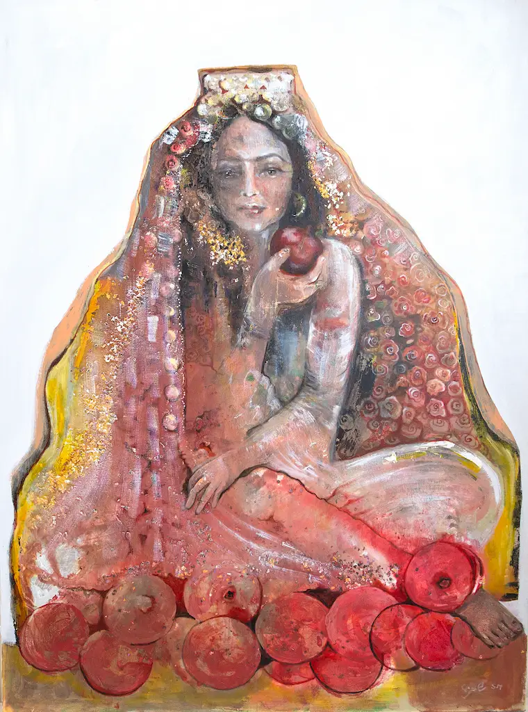 Artistic woman with apples, painted in earthy tones.