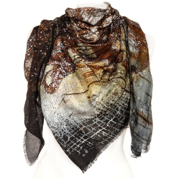 Abstract printed silk scarf, brown and gray