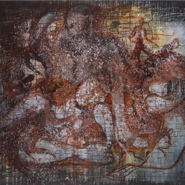 Abstract art with dark, swirling patterns and textures.