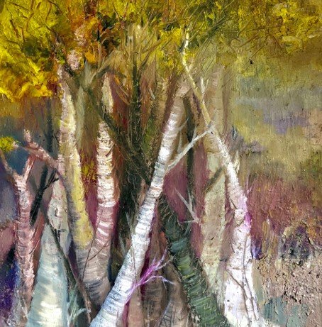 Colorful abstract painting of trees in a forest.