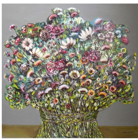 Colorful bouquet of flowers painting on canvas.