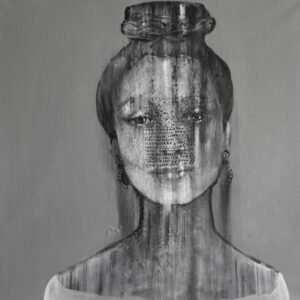 Abstract grayscale portrait of a woman with text overlay.