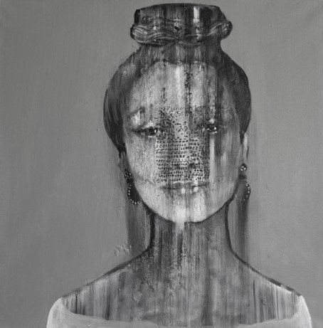 Abstract grayscale portrait of a woman with text overlay.