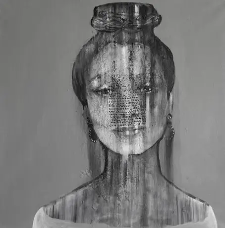 Abstract grayscale portrait of a woman with text overlay.