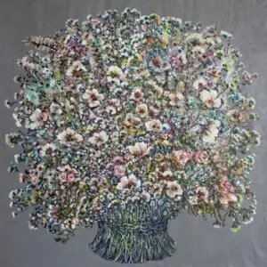 Intricate flower bouquet painting on gray background.