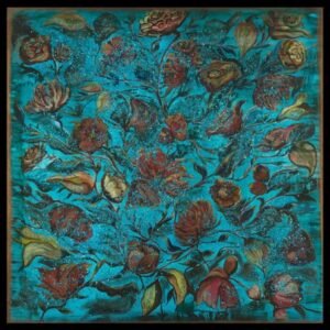 Colorful floral painting on a teal background canvas.