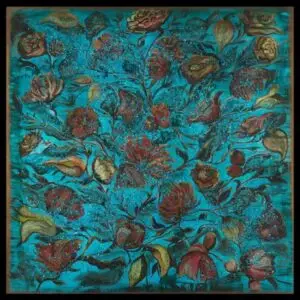 Colorful floral painting on a teal background canvas.