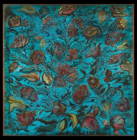 Colorful floral painting on a teal background canvas.