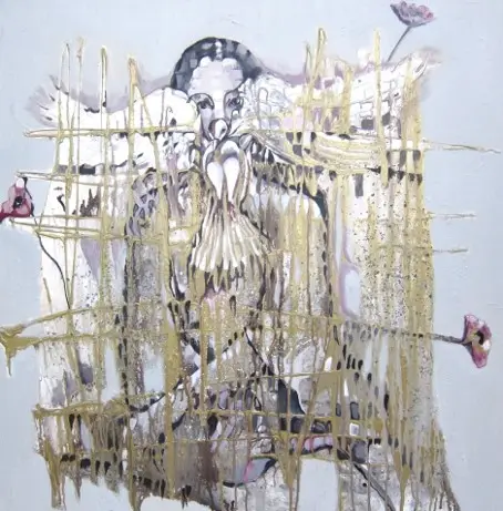 Abstract art with flowers and gold paint drips.