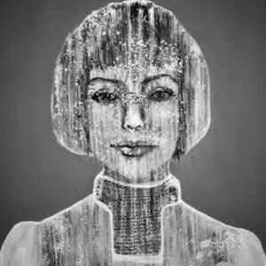 Textured portrait of a woman in grayscale painting.