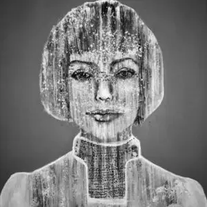 Textured portrait of a woman in grayscale painting.