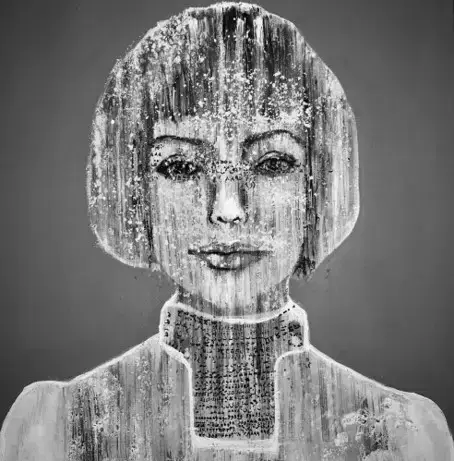 Textured portrait of a woman in grayscale painting.