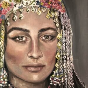 Painting of woman with floral headpiece and jewelry