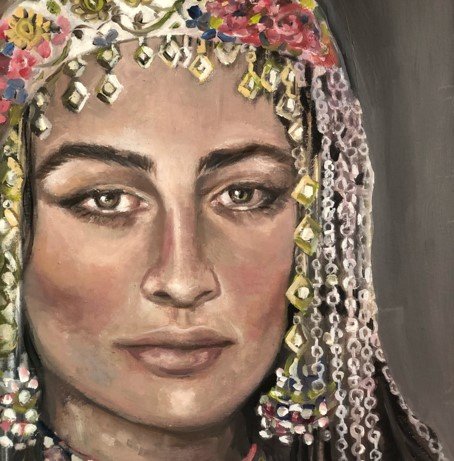 Painting of woman with floral headpiece and jewelry