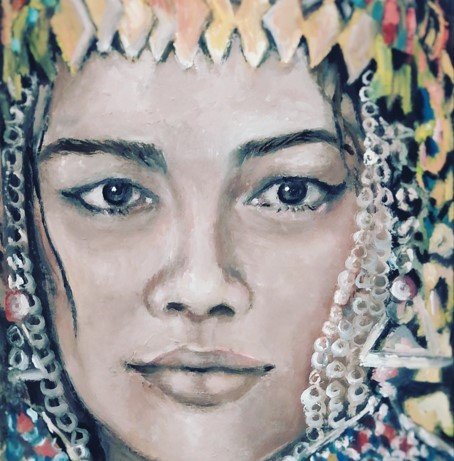 Colorful portrait painting of a woman with headpiece.