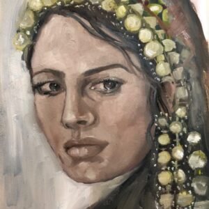 Oil painting of a woman with floral headdress