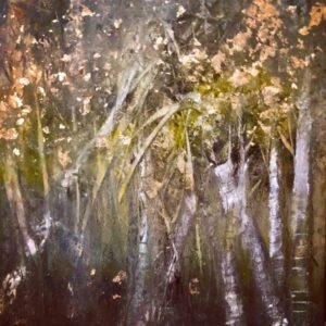 Abstract forest painting with textured tree forms.