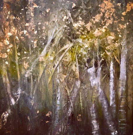 Abstract forest painting with textured tree forms.