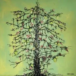 Artistic tree with flowers and fruit on green background.