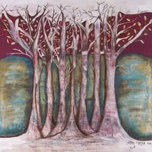 Abstract trees with red leaves on textured background.