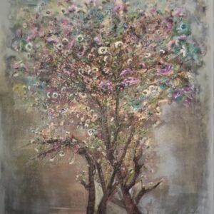 Colorful abstract painting of a blossoming tree