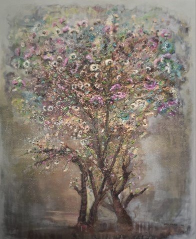 Colorful abstract painting of a blossoming tree