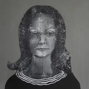 Monochrome portrait of a woman in dotted patterns.