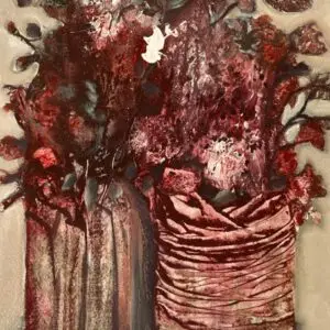 Abstract painting of red flowers in vases