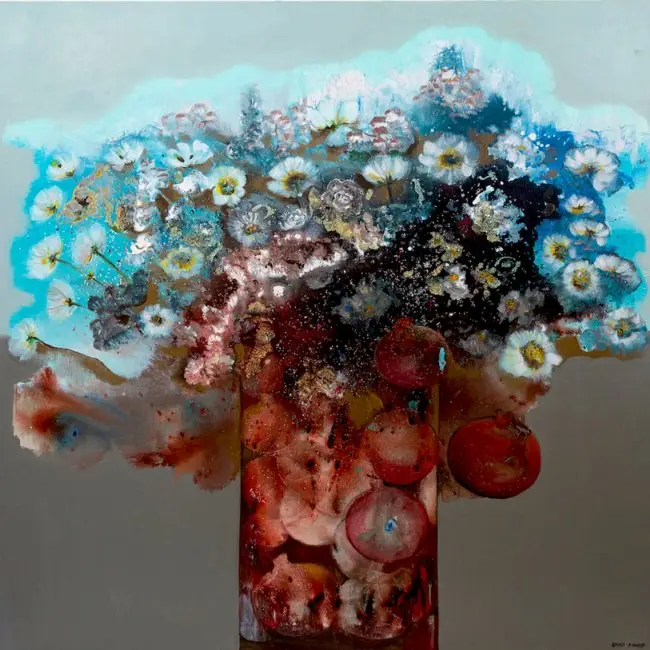 Abstract floral and pomegranate painting in bright colors.