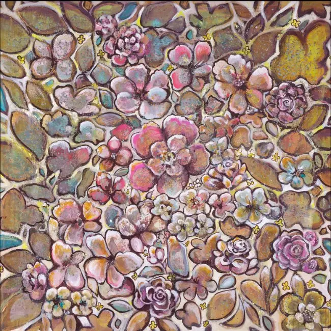 Colorful floral pattern with abstract flowers and leaves.