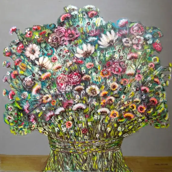 Colorful floral bouquet painting with vibrant flowers.
