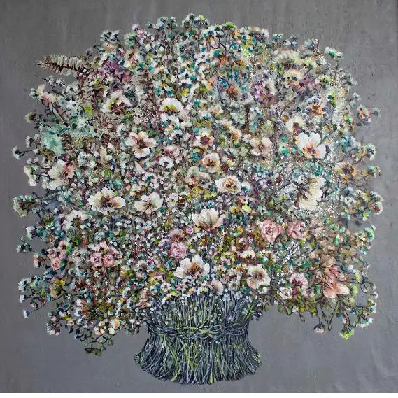 Colorful floral bouquet painting on gray background