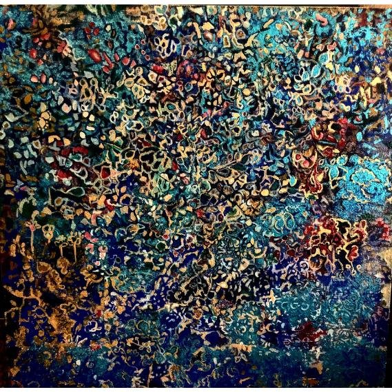 Abstract textured painting with blue and gold tones