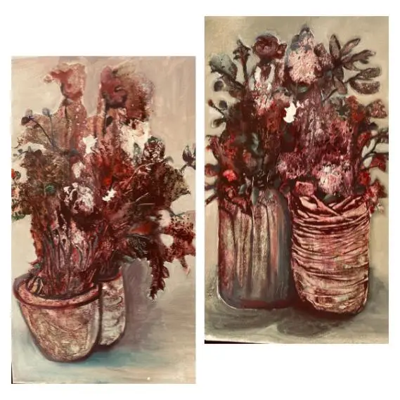 Abstract paintings of floral arrangements in pots.