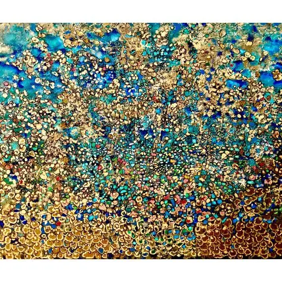 Colorful abstract painting with blue and gold speckles.