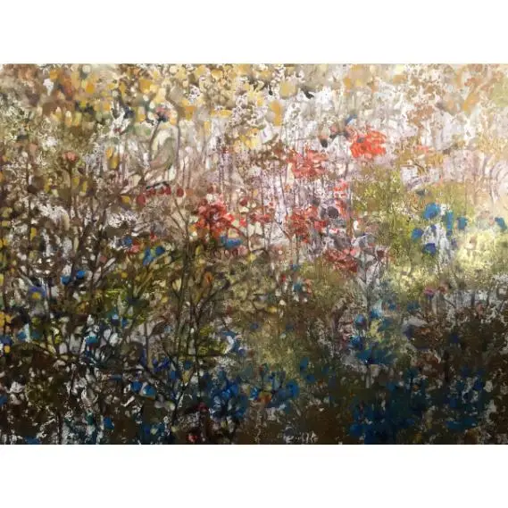 Abstract painting of colorful flowers and foliage.
