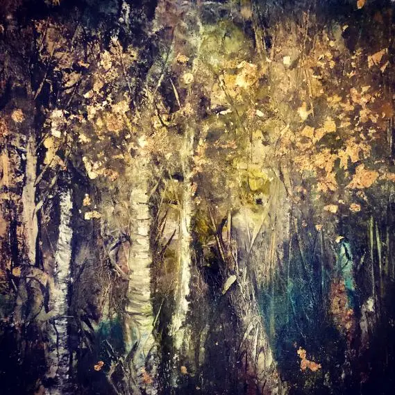 Abstract painting of birch trees and autumn foliage.