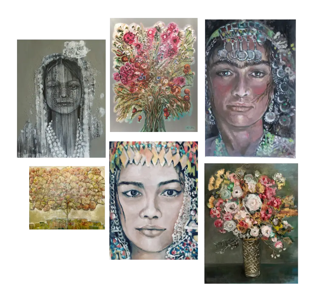 Collage of paintings: flowers and women's portraits.